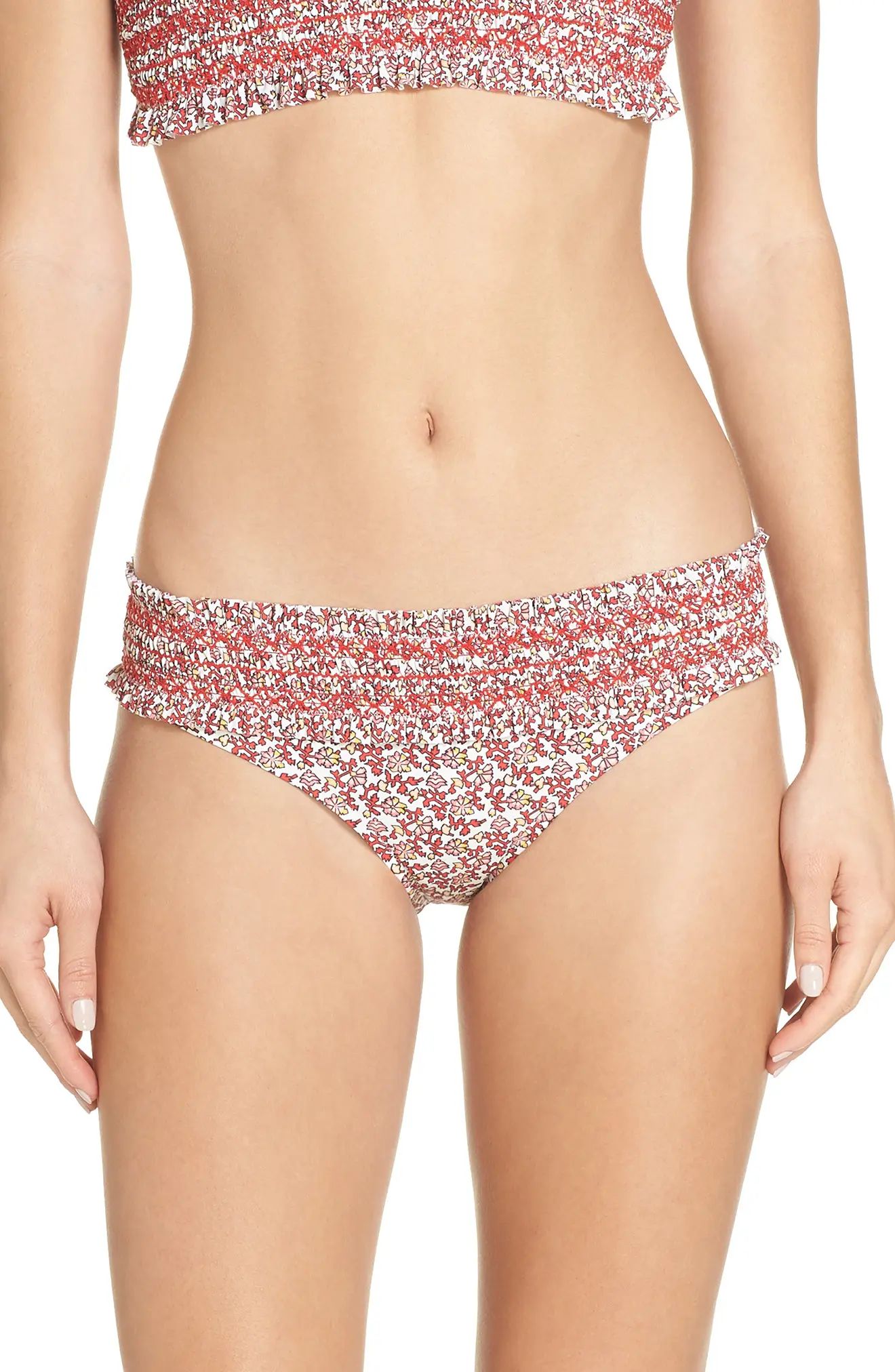Women's Tory Burch Costa Smocked Bikini Bottoms, Size X-Large - Burgundy | Nordstrom