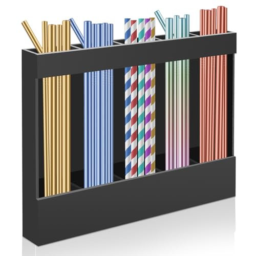 Acrylic Straw Holder for Cabinet, Reusable Straw Organizer with Double Sided Adhesive Tape Tumbler Straws Storage Container for Cupboard Drinking Straws Dispenser for Kitchen Counter (Black) | Amazon (US)