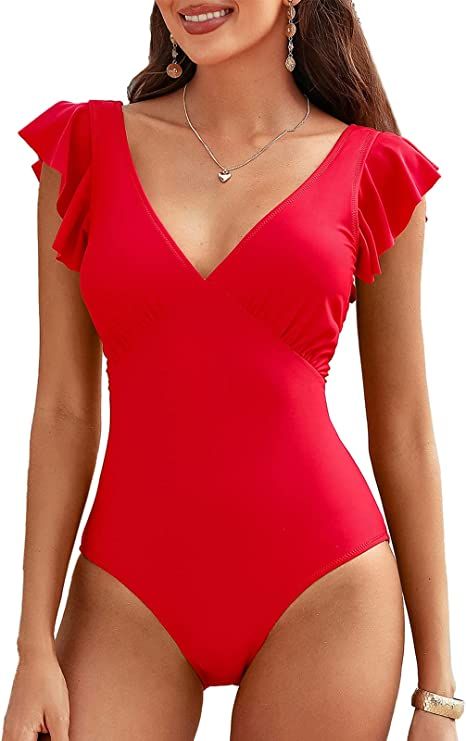 SOCIALA One Piece Swimsuits Ruffle V Neck Bathing Suit for Women Sexy Cut Out Low Back Monokini R... | Amazon (US)