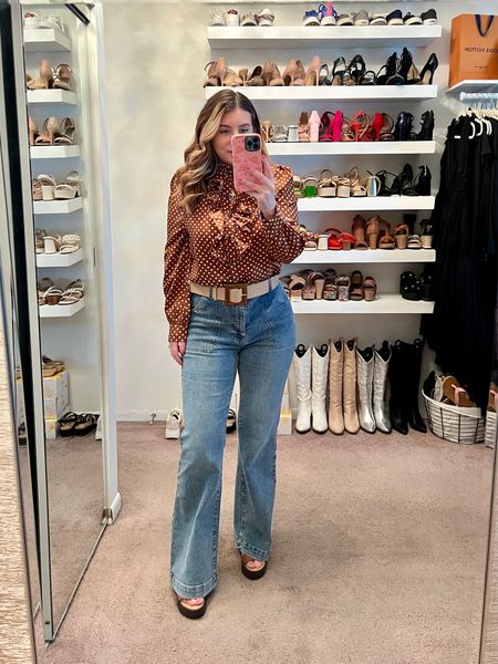 Polka dot blouse, flare leg jeans, brown platform sandals, casual outfit, spring outfit, gold jewelry, initial necklace, casual workwear 

#LTKstyletip #LTKworkwear #LTKfindsunder50