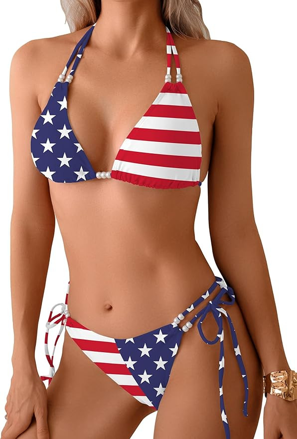 TASHEHE Women's Triangle String Bikini Set Sexy Tie Side Two Piece Swimsuit Cute Halter Bathing S... | Amazon (US)