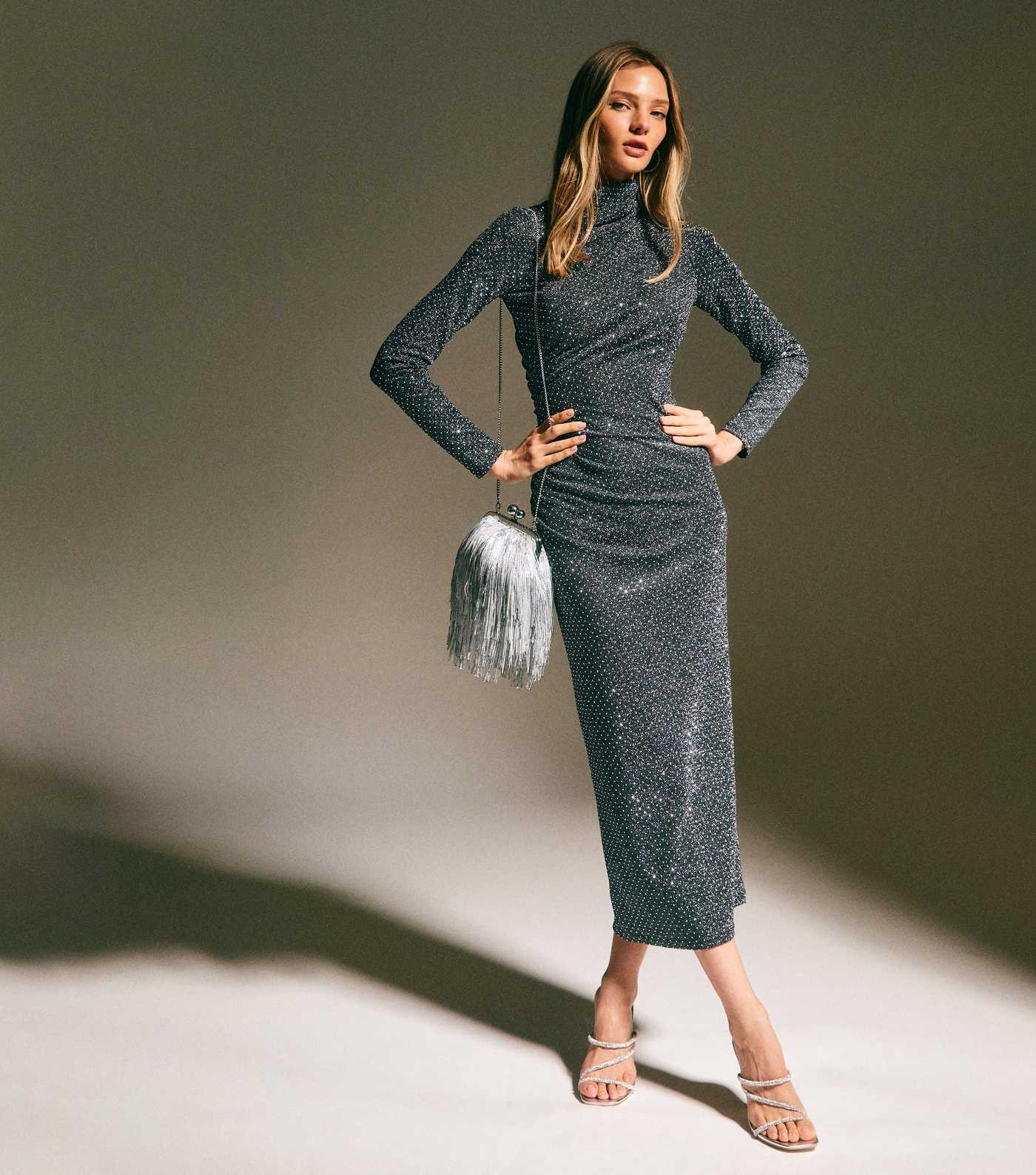 Grey Sparkle High Neck Long Sleeve Midi Dress | New Look | New Look (UK)