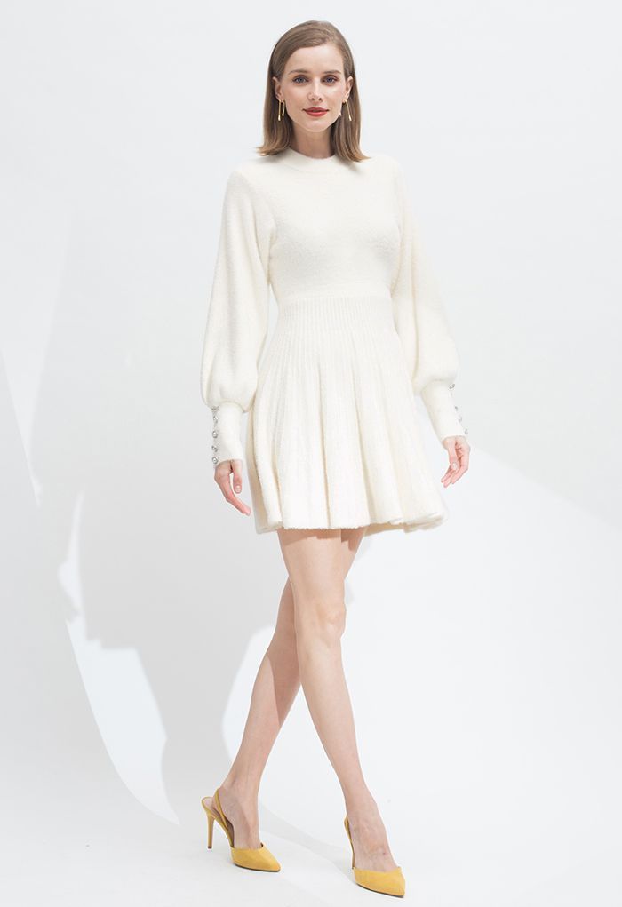 Extra Soft Fuzzy Knit Pleated Dress in Cream | Chicwish