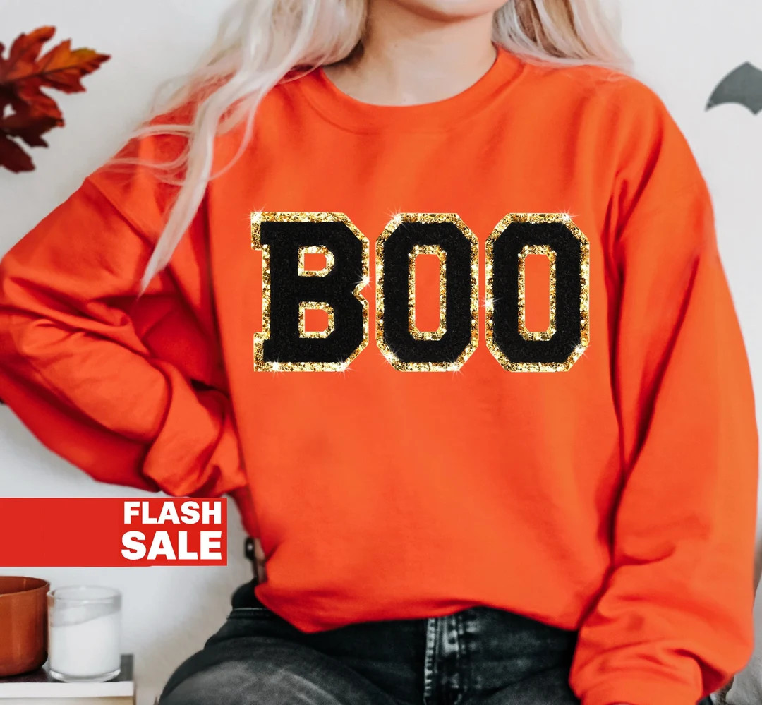 Chenille Patch Halloween Sweatshirt, Halloween Shirts, BOO Halloween Crewneck, Cute Halloween Swe... | Etsy (US)