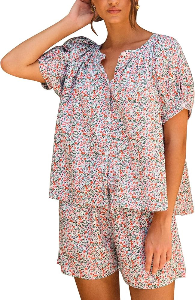 Flygo Women's Floral Pajamas Sets 2 Piece Lounge Set Button Down Tops and Soft Shorts Sleepwear w... | Amazon (US)