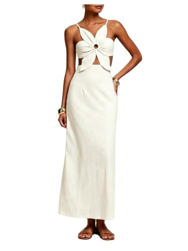 SHENHE Women's Petal Backless Linen Maxi Dress Cut Out Vacation Zipper Long Dresses | Amazon (US)