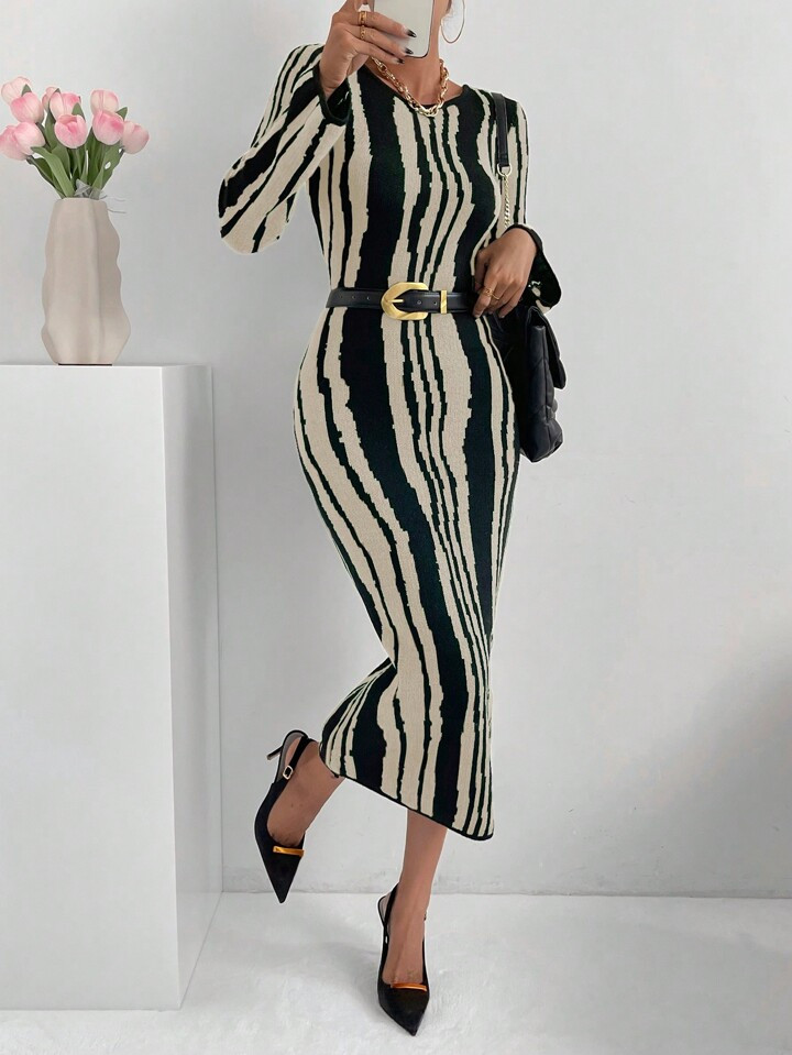 SHEIN Privé Striped Pattern Sweater Dress Without Belt | SHEIN
