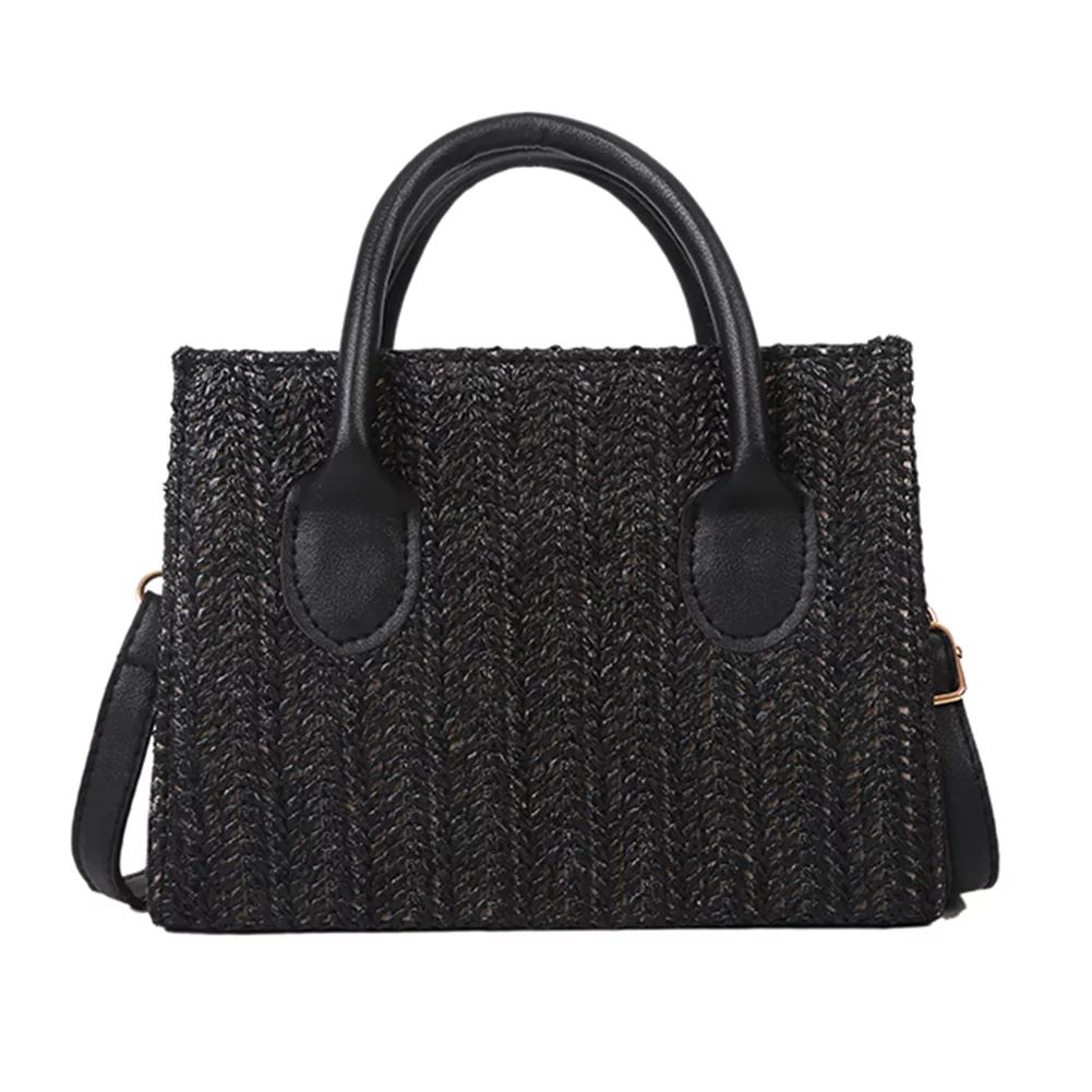 Straw Shoulder Bag Women Woven Leather Small Crossbody Tote Handbag (Black) | Walmart (US)