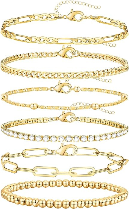 adoyi Gold Bracelets for Women, 14K Gold Plated Stackable Bracelet Stack Set Adjustable Charm Pap... | Amazon (US)