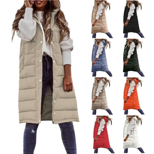 Smoneyful Women's Long Vest Sleeveless Lightweight Puffer Jacket Packable Hooded Down Coat Quilted Vest with Hood Winter Beige | Amazon (US)