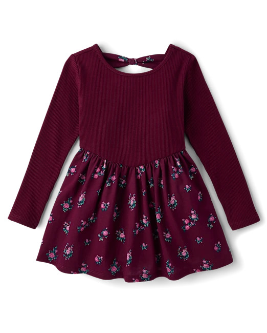 Baby And Toddler Girls Floral Bow Back Dress - burgundy | The Children's Place