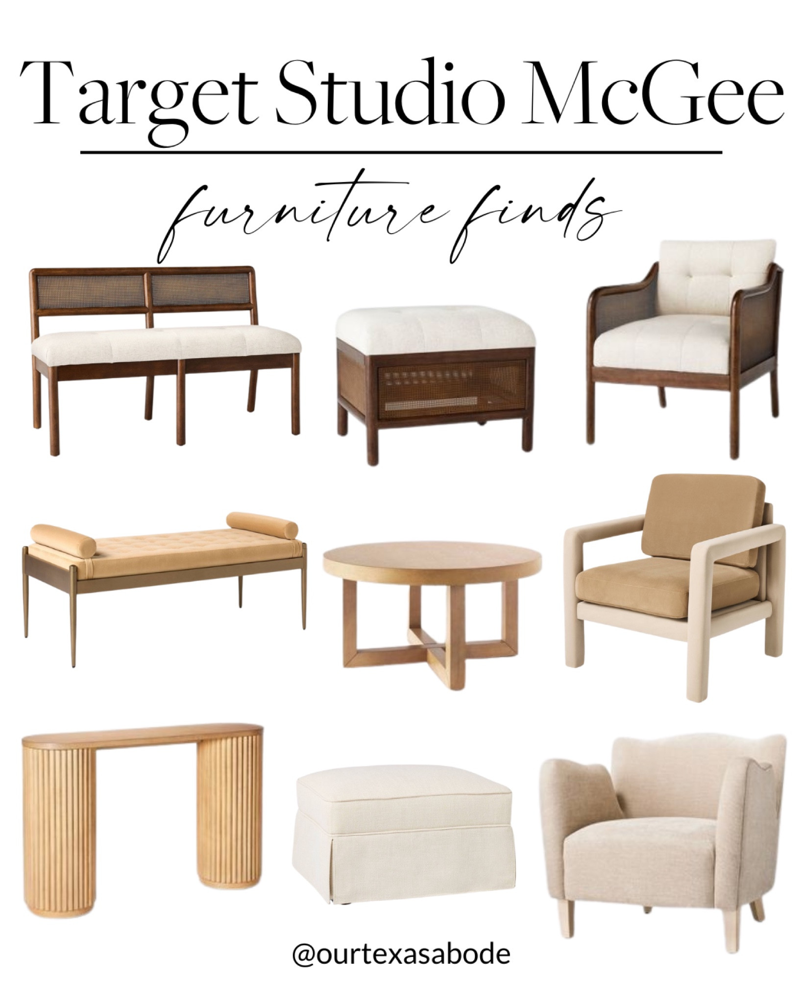 Target Studio McGee New Arrivals 🙌🏻🙌🏻

Bench, summer style, transitional home, accent chairs, console table, ottoman, coffee table 

#LTKStyleTip #LTKFindsUnder100 #LTKHome