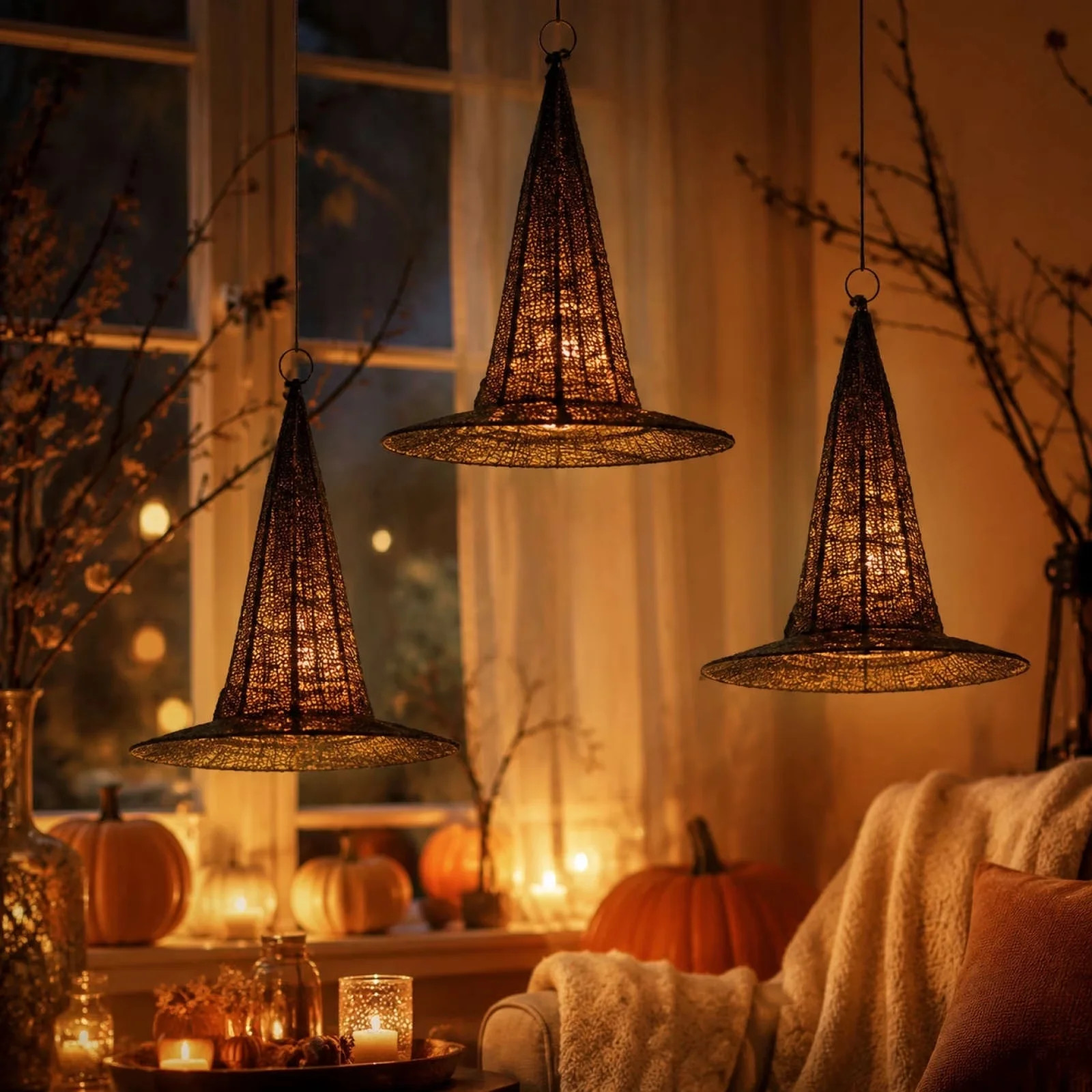 13.7Inch Halloween Lighted Hanging Witches Hats, Black Hollow Mesh Magic Witch Hat Light, Hanging Glowing Lamp For Front Window Tree Party Decor (2PC) - Walmart.com | Walmart (US)