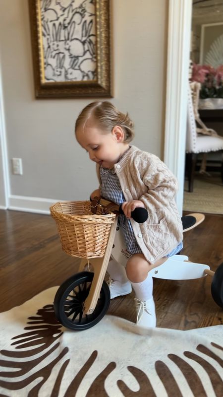 Blue and white Peter Pan boys bubble, cashmere cardigan, wooden trike bike

#LTKbaby