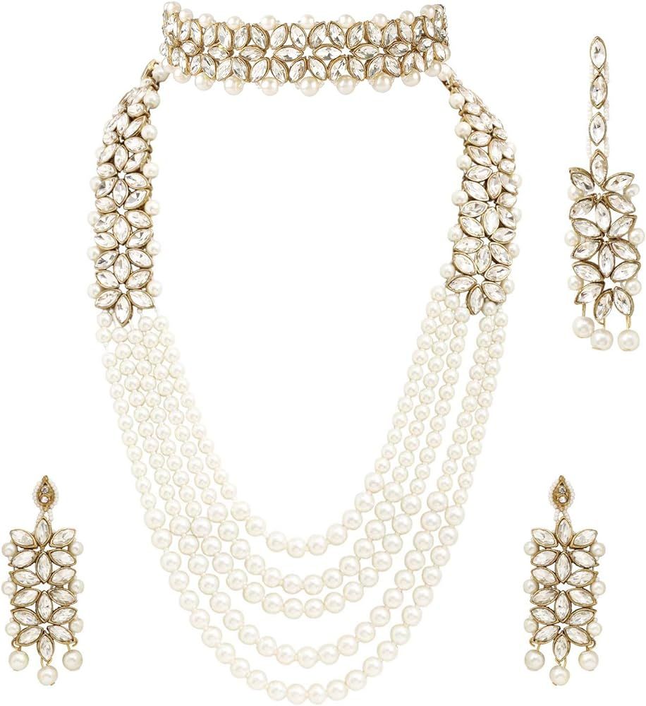 Aheli Wedding Party Wear Bridal Jewellery Choker Long Pearl Necklace Earrings Maang Tikka Indian ... | Amazon (US)