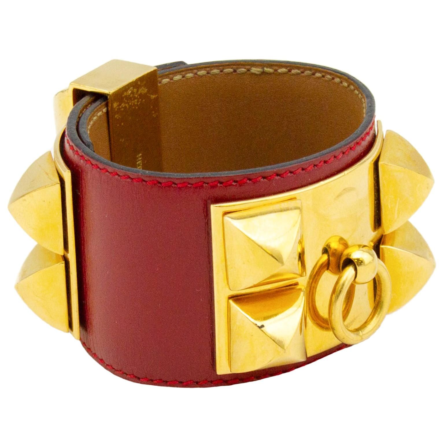 Red Leather Hermes Collier de Chien Bracelet Cuff | 1stDibs