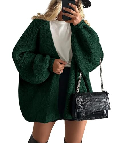 PRETTYGARDEN Womens Oversized Cardigan Sweaters 2025 Fall Long Lantern Sleeve Knit Open Front Lightweight Sweater (Spinach Green,Large) | Amazon (US)