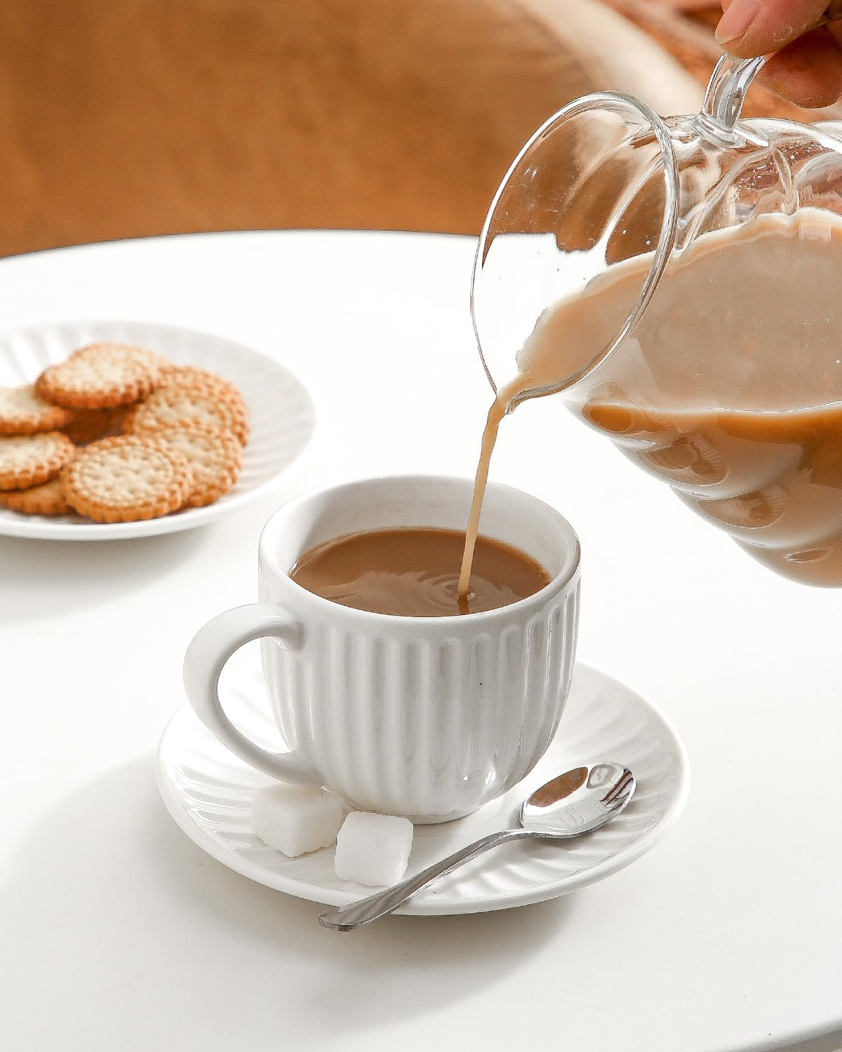 Hasense Ceramic Cappuccino Cups and Saucers - 8 Oz, Large Ribbed Latte Cups Set of 4 for Coffee,T... | Amazon (US)