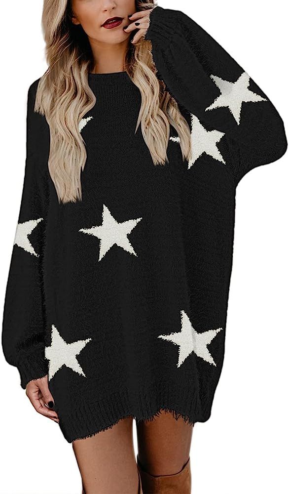 Meenew Women's Furry Crewneck Oversized Loose Long Pullover Sweater Dress | Amazon (US)