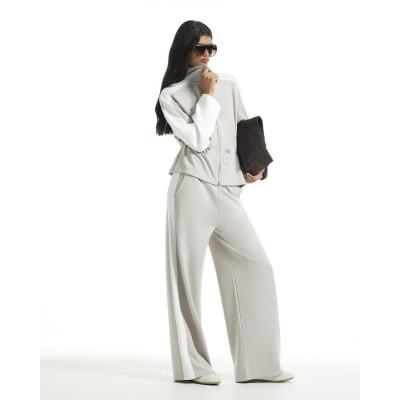 Grey Premium Colour Block Wide Leg Trousers | River Island UK & IE