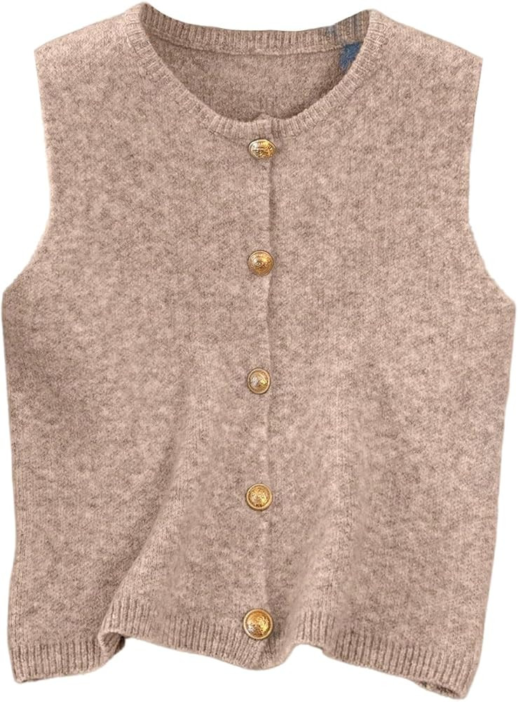 Women's Button Down Sweater Vest Sleeveless Crewneck Knit Outerwear Old Money Knitwear | Amazon (US)