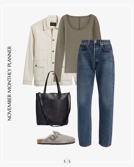 Monthly outfit planner: NOVEMBER Fall and Winter looks |  Ecru chore jacket, grey micro ribbed long sleeve tee, 90s pinch waist straight jean, Birkenstock shearling clog, black transport tote 

See the entire calendar on thesarahstories.com ✨

#LTKstyletip