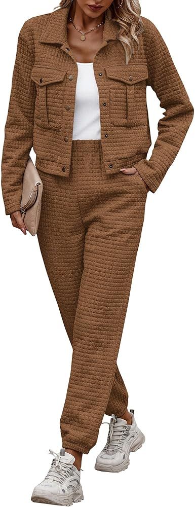 PRETTYGARDEN Womens 2023 Fall 2 Piece Outfits Tracksuit Long Sleeve Button Down Shacket Jacket Po... | Amazon (US)