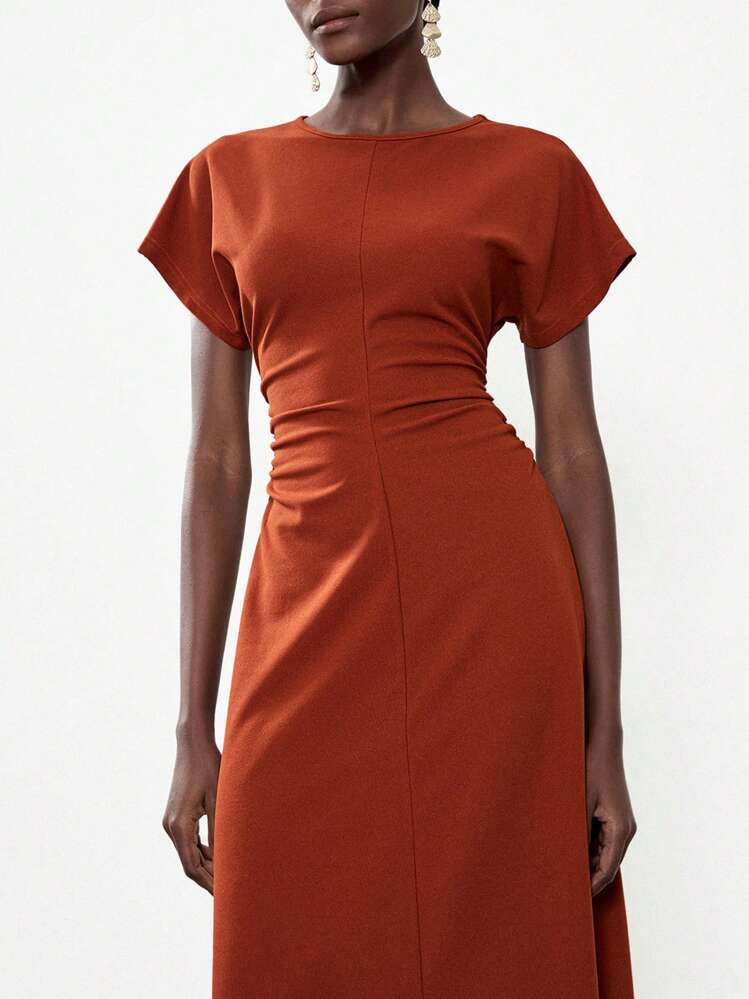 Lumivelle Women's Round Neck Batwing Sleeve Pleated Elegant Midi Dress | SHEIN