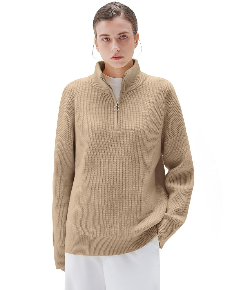 SUUKSESS Women Cashmere Oversized Quarter Zip Pullover Sweater Long Sleeve Collared Ribbed Knit J... | Amazon (US)