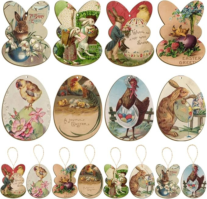 Vintage Easter Decorations-24Pcs Easter Wood Ornaments Bunny Tags Wood Cutouts, Wooden Easter Egg... | Amazon (US)