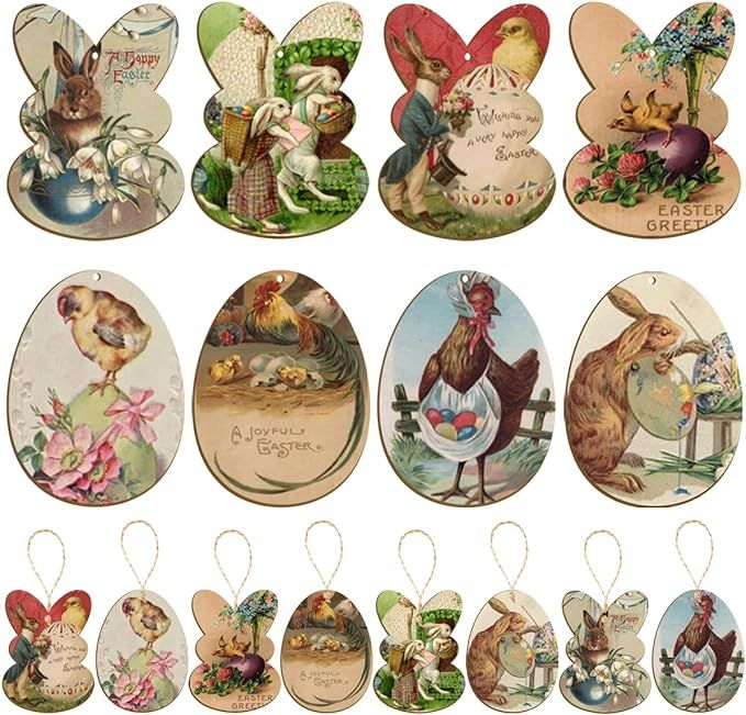 Vintage Easter Decorations-24Pcs Easter Wood Ornaments Bunny Tags Wood Cutouts, Wooden Easter Egg... | Amazon (US)