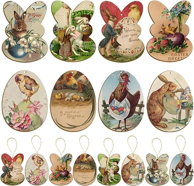Vintage Easter Decorations-24Pcs Easter Wood Ornaments Bunny Tags Wood Cutouts, Wooden Easter Egg... | Amazon (US)