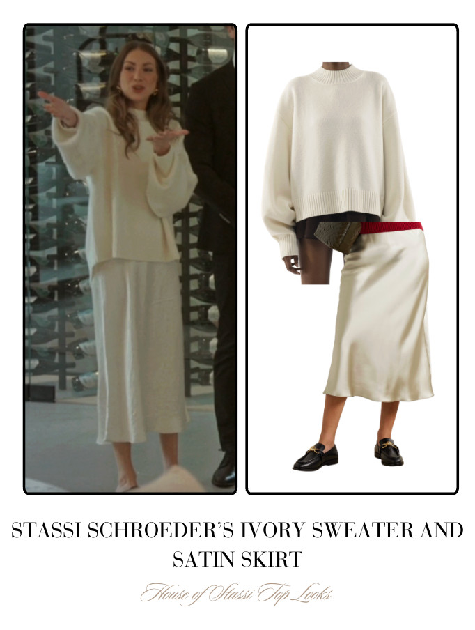 Stassi Schroeder's Ivory Sweater and Satin Skirt // Sweater by Akarii // Info: Stassi Schroeder 

 