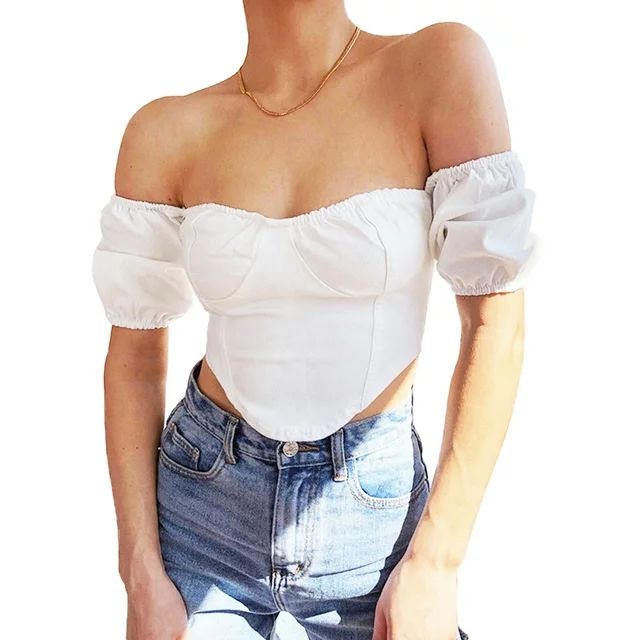 Douhoow Women Vintage Style Crop Top White Top Off Shoulder Short Sleeve T-Shirts | Walmart (US)