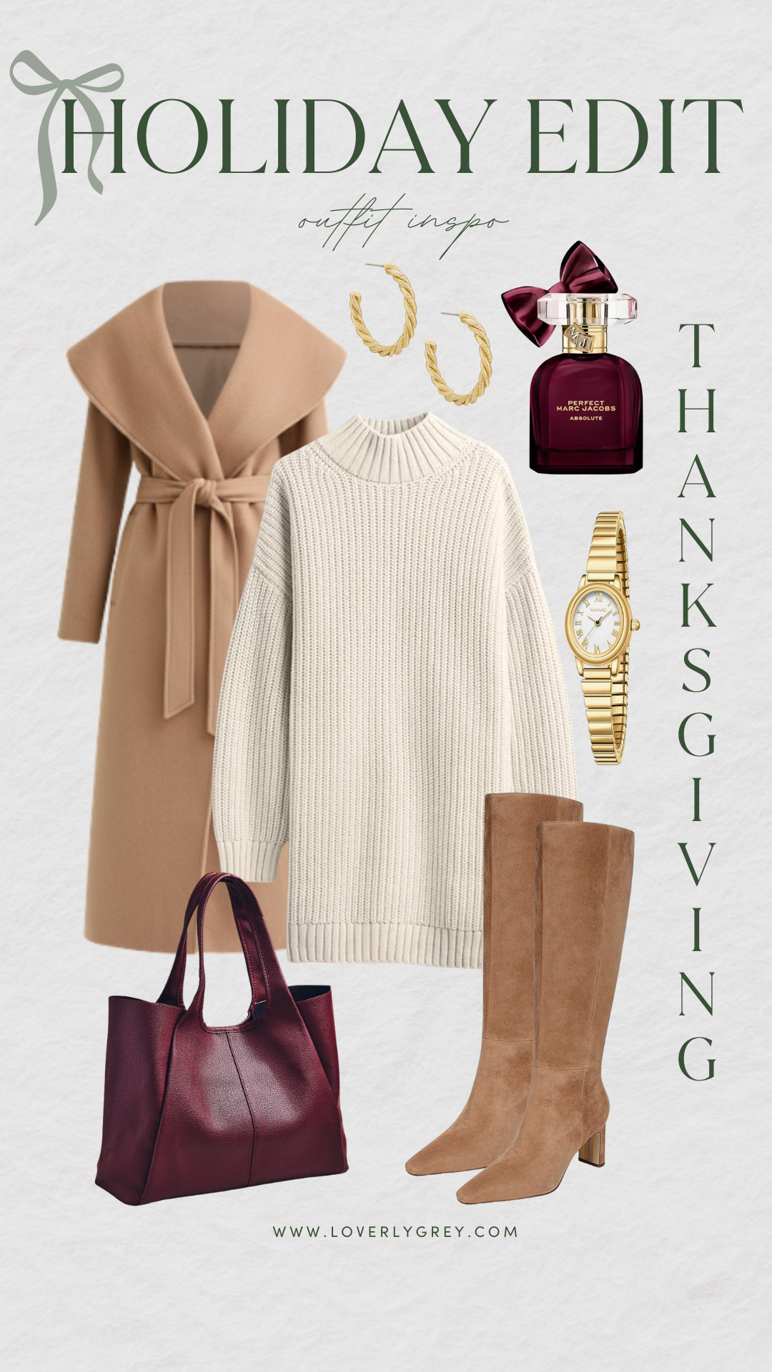 Cozy, classic, and perfectly polished — this Thanksgiving outfit idea is a fall favorite. A cream sweater dress, tan coat, and tan suede boots pair beautifully with a burgundy bag for a timeless, chic holiday look. Effortless and elegant from brunch to dinner! ✨

#Loverly Grey #ThanksgivingOutfit #FallFashion #HolidayStyle #SweaterDress #NeutralOutfit #TanBoots #BurgundyBag #FallOutfitInspo #ChicAndCozy #OOTD #ThanksgivingStyle #FallWardrobe 

 #LTKHoliday #LTKSeasonal #LTKStyleTip