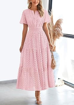 PRETTYGARDEN Womens 2026 Summer Maxi Dress Short Sleeve V Neck Hollow Out Eyelet A Line Long Flow... | Amazon (US)
