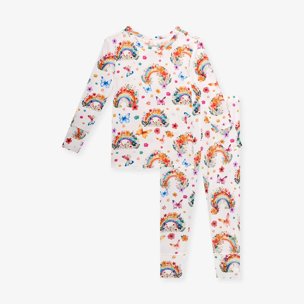 Rainbow Floral White Long Sleeve Toddler Pajamas | Lucky Rainbow | Posh Peanut
