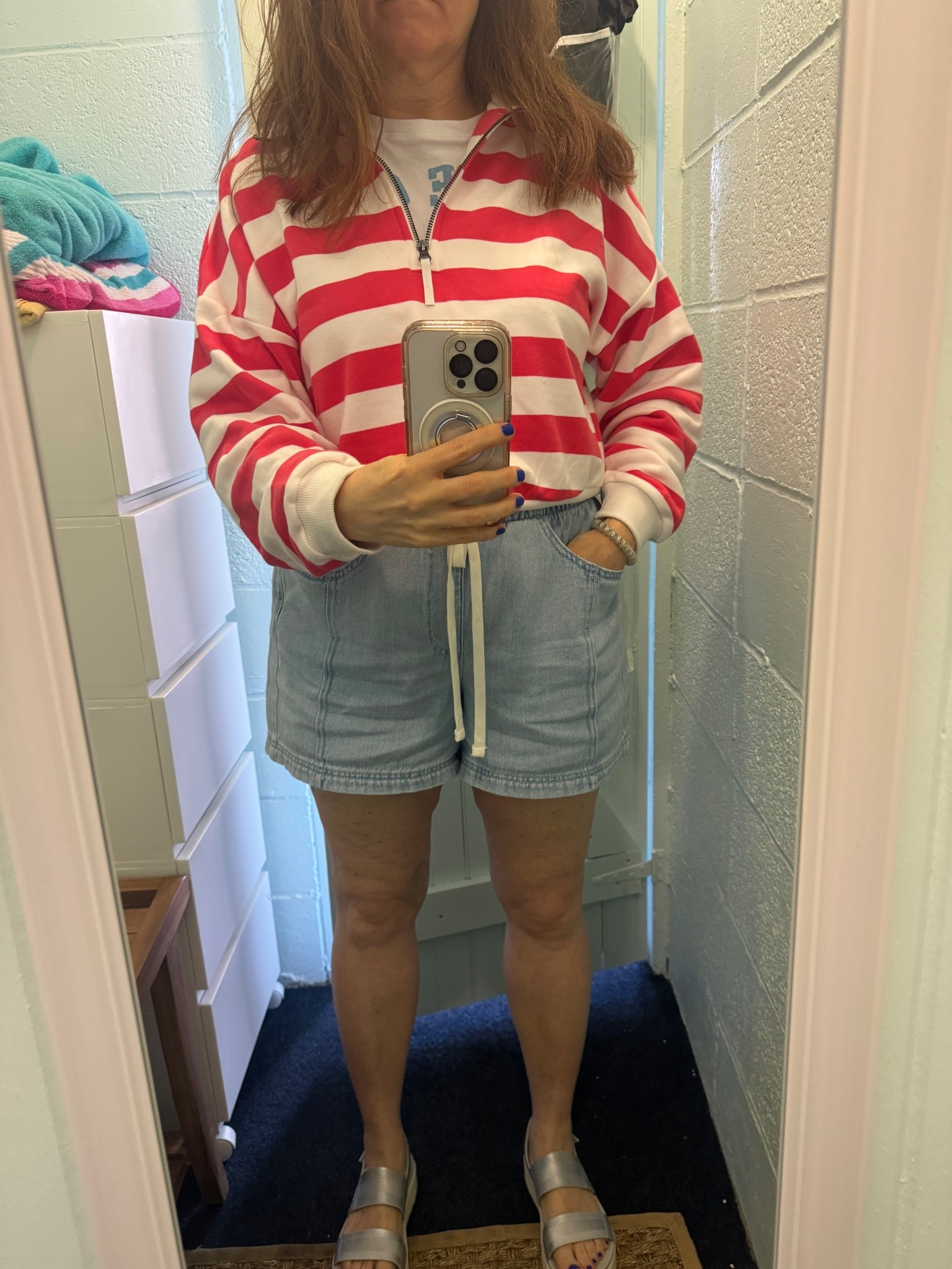 I love this bright red striped cropped quarter zip with light blue denim shorts. Both from Target. Such a departure for me in terms of the color palette, but it’s bright and summery and also worked for the Fourth of July 🇺🇸 weekend.  Everything is size medium. Layered it with an adorable 🦞 cape cod cropped tee from Walmart.  Total budget look.  Only splurge is the reef platform sandals.  They’re my favorite water shoes for pool and beach.  I have bought them in so many colors!  Super comfortable,  practical, and cute!  The silver was limited release but they still have loads of colors

#LTKPetite #LTKSwim #LTKFindsUnder50