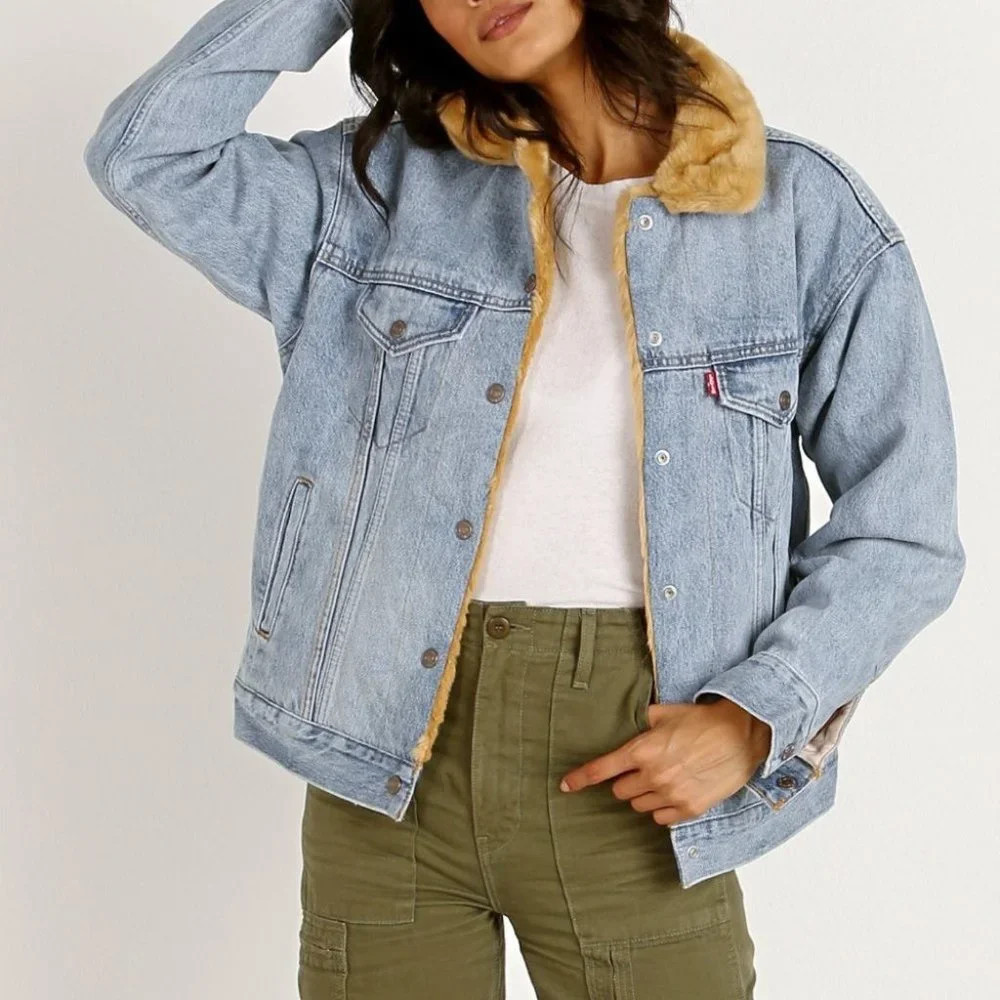 Levi's Denim Jeans Fuzzy Reversible Sherpa Jacket Light Blue Size Small | Poshmark