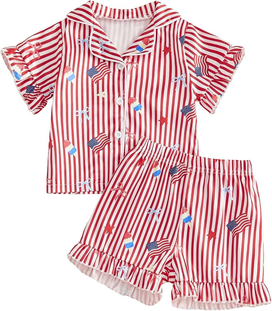 Kuriozud Kids Toddler Girl 4th of July Pajamas Short Sleeve Button Down Shirt Top and Shorts 2pcs... | Amazon (US)