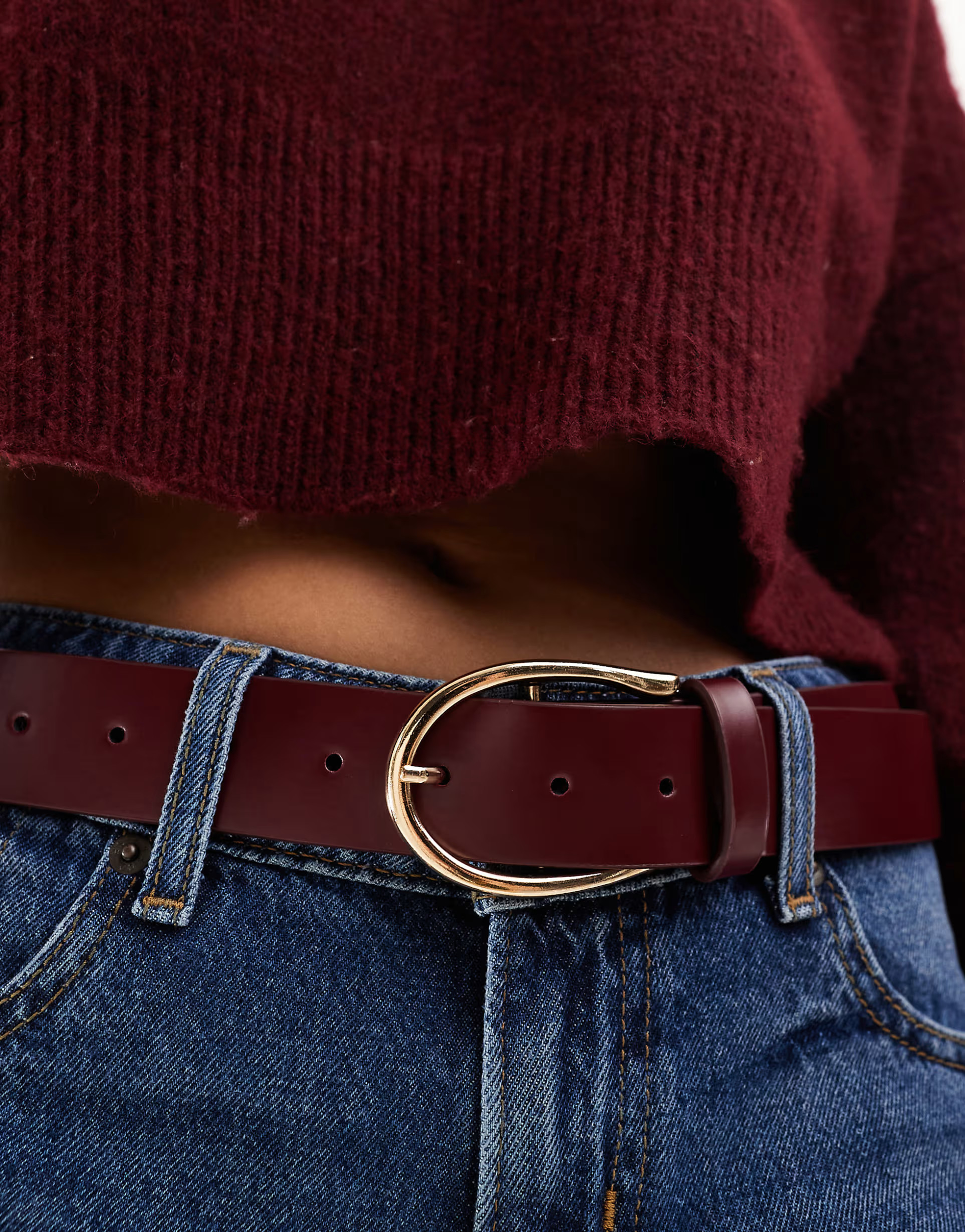 ASOS DESIGN half moon waist and hip jeans belt in burgundy | ASOS (Global)