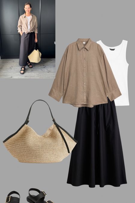 Poplin full skirt styling with a simple white vest, linen mole shirt from Arket, oversized basket bag and chunky sandals