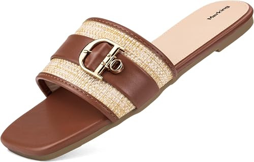 Merking Flat Sandals for Women Raffia Elegant Slides Sandal | Summer Trendy Square Toe Slip On Sl... | Amazon (US)