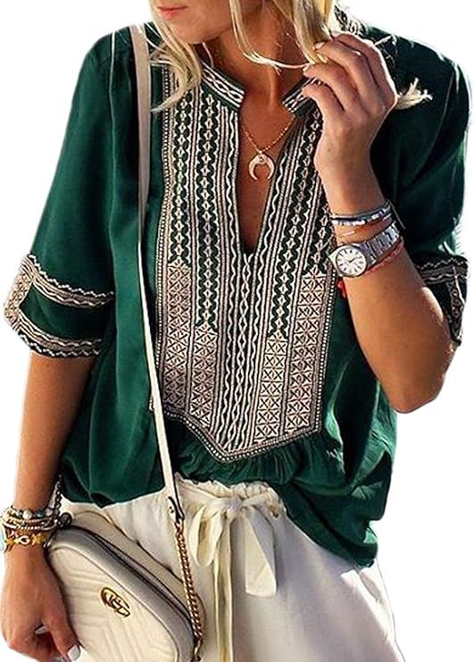 FARYSAYS Women's Casual Boho Embroidered V Neck Short Sleeve Shirts Loose Blouse Tops | Amazon (US)