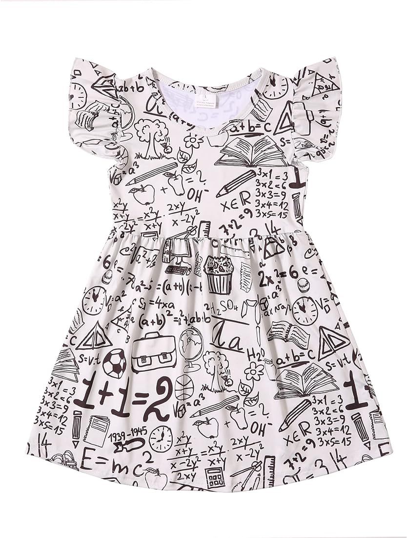 Toddler Girls Back to School Apple Pencil Dress Causal Flutter Sleeve Ruffle Bottom Dress | Amazon (US)