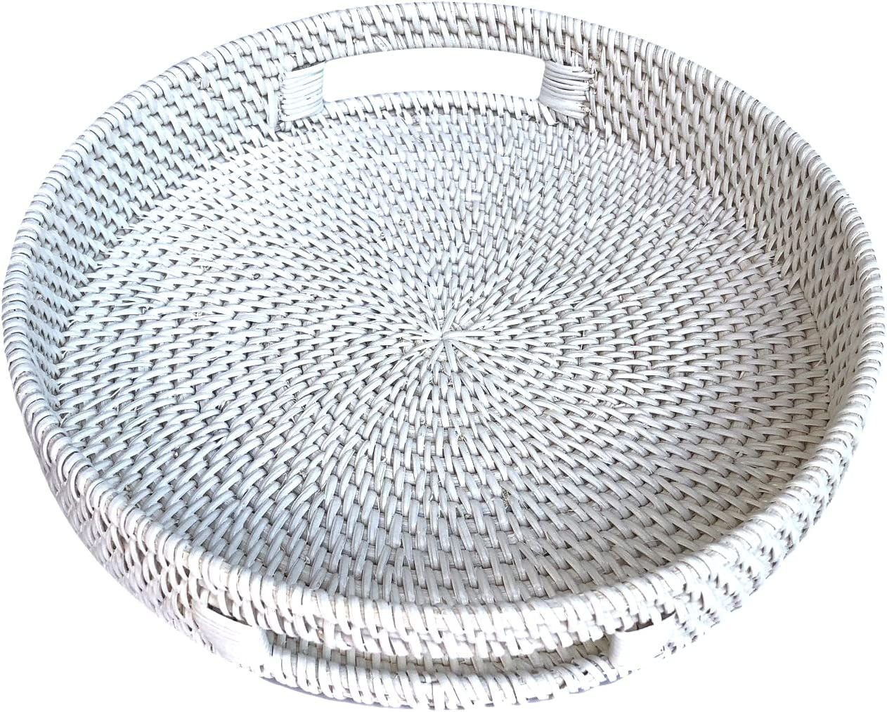 SIMPLY FABULOUS Round White Rattan Serving Tray with Handles, 11.8 inch, Hand Woven in a Durable ... | Amazon (US)