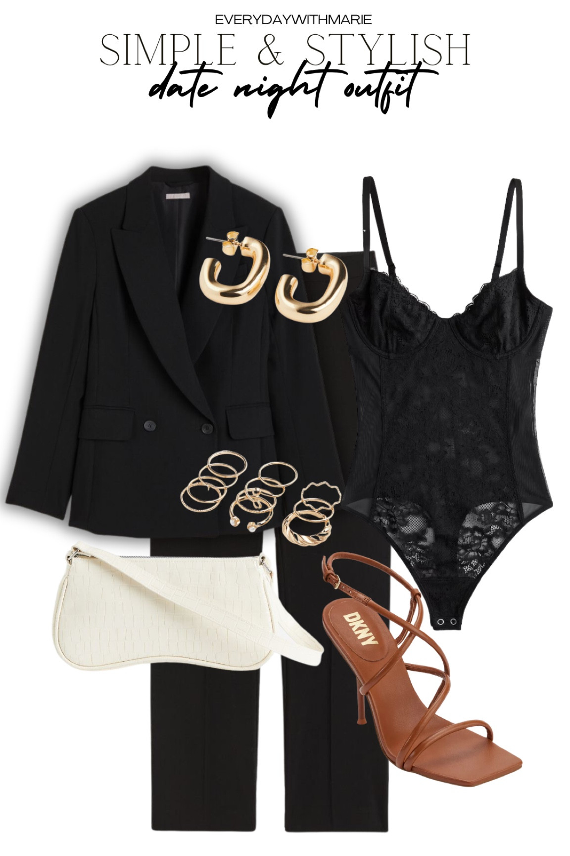 Date night outfit idea. The combination of the black blazer, lace bodysuit, black pants, stripy heels, and simple accessories creates a balanced and chic outfit. It's a mix of sophistication, sensuality, and modern style, making it a perfect choice for a memorable date night. 

#LTKsalealert #LTKstyletip #LTKworkwear