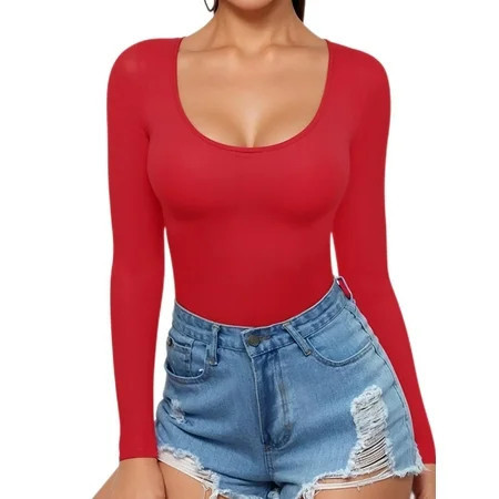 MOYIKO Scoop Neck Long Sleeve Shirts for Women Round Neck Fitted T Shirts Womens Tops Tee | Walmart (US)