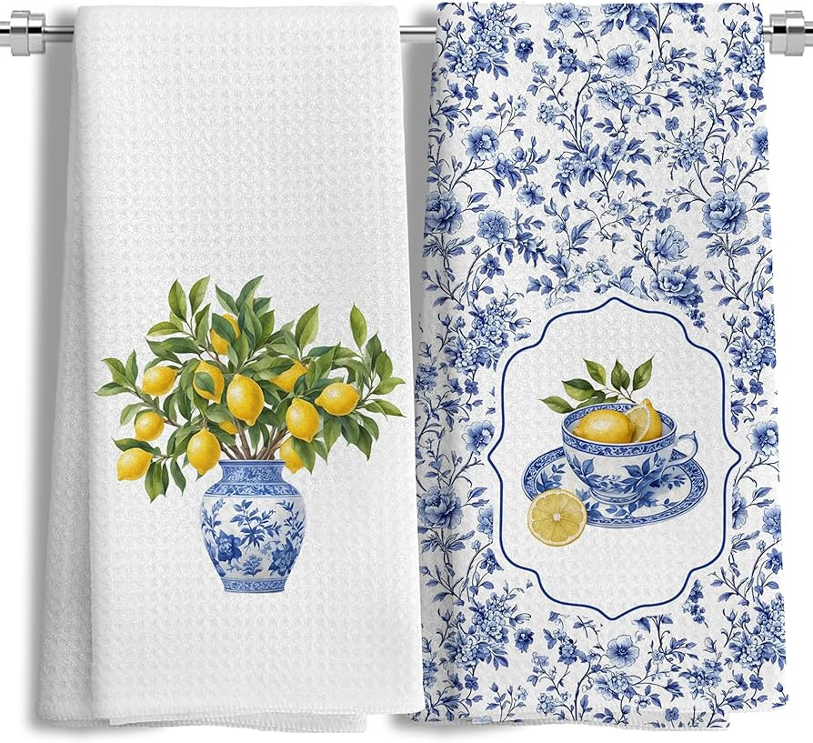 Lemon Kitchen Towels Set of 2, Blue and White Chinoiserie Summer Lemon Dish Tea Towels for Kitche... | Amazon (US)