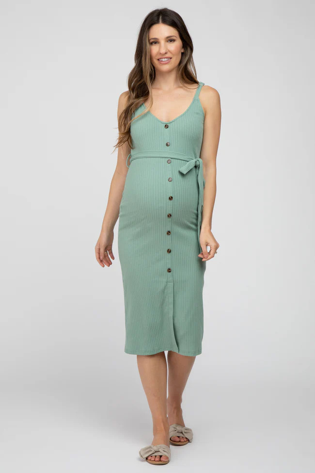 Light Olive Ribbed Sash Tie Maternity Midi Dress | PinkBlush Maternity